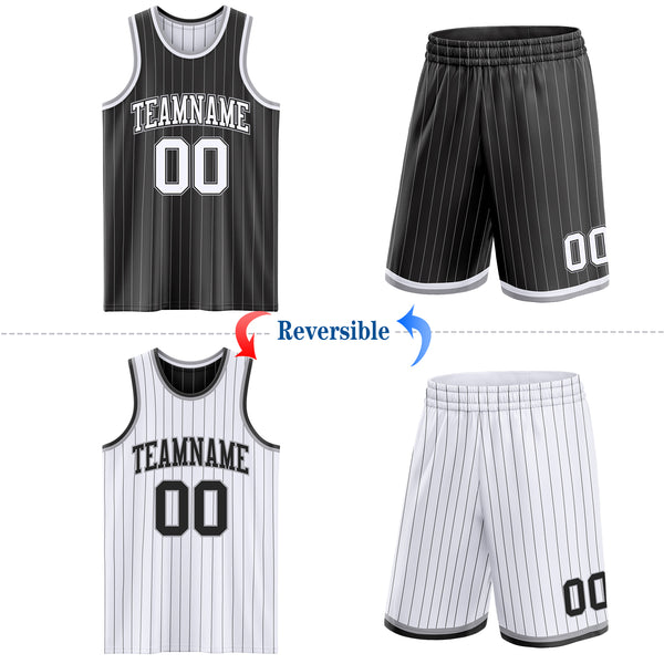 Custom Black Gray Pinstripe-White Reversible Double Side Sublimation Basketball Set Jersey