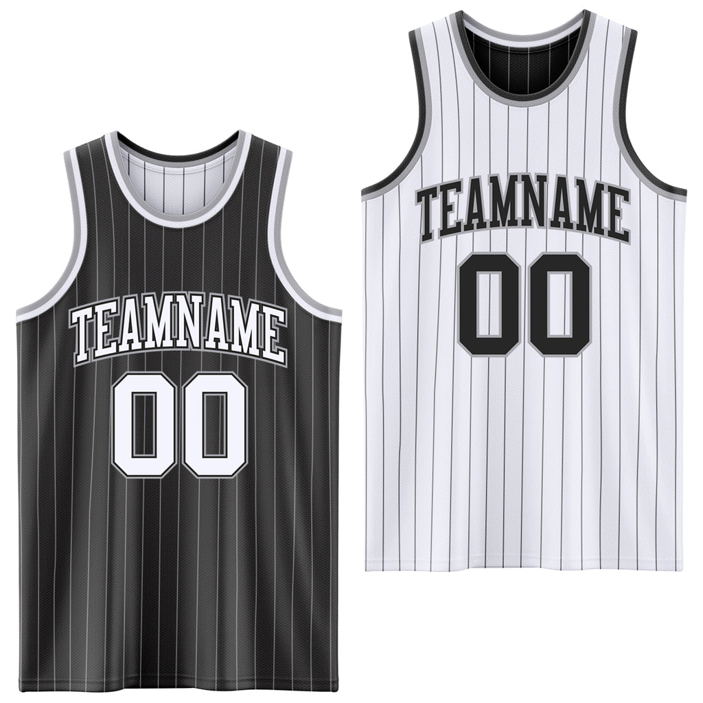 Custom Black Gray Pinstripe-White Reversible Double Side Sublimation Basketball Set Jersey