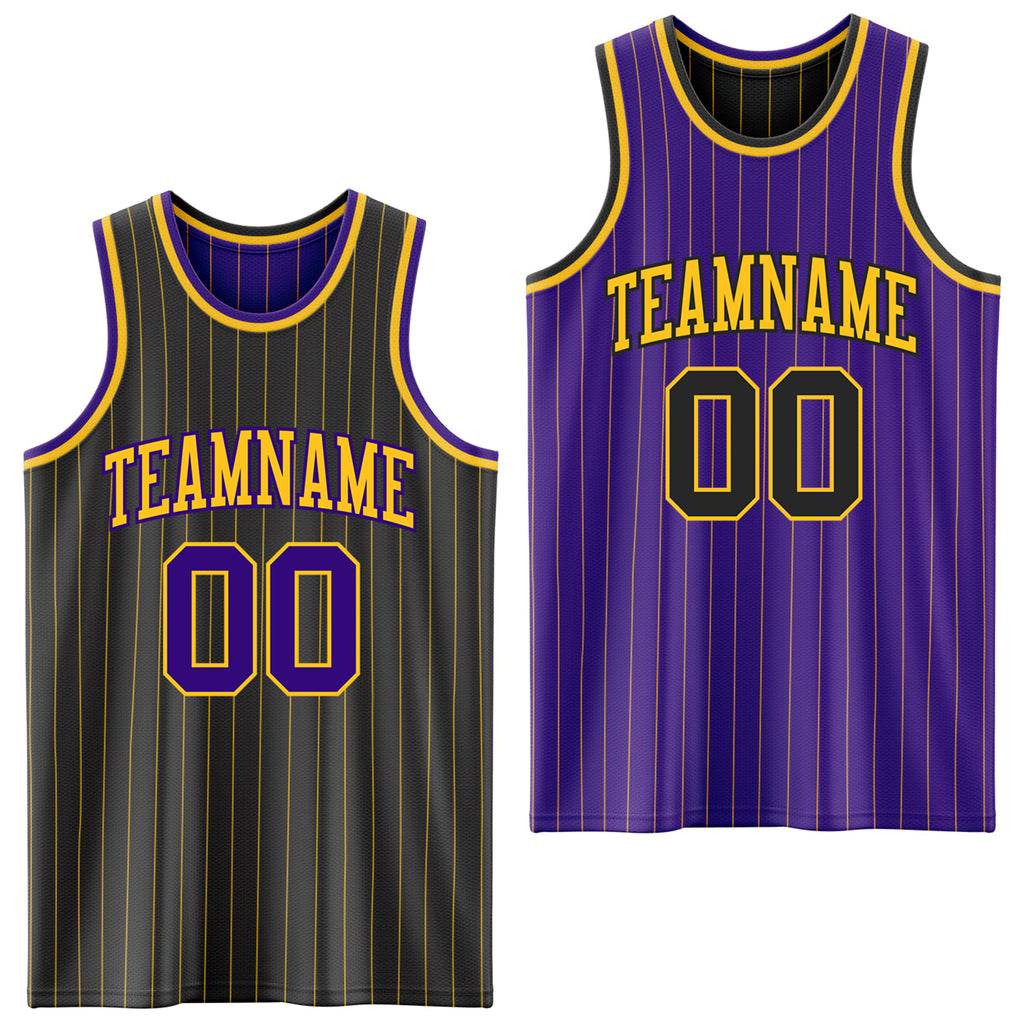 Custom Black Gold Pinstripe-Purple Reversible Double Side Sublimation Basketball Set Jersey