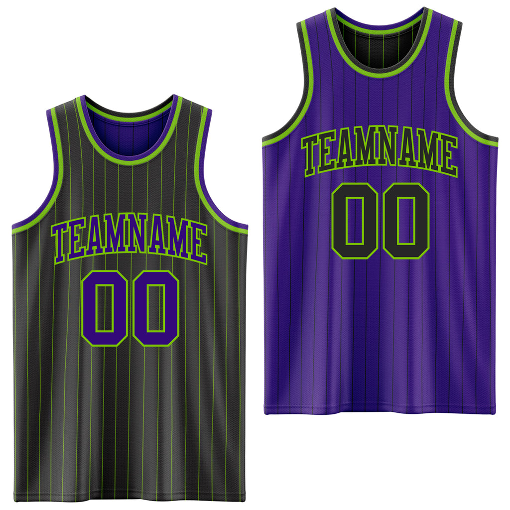Custom Black Neon Green Pinstripe-Purple Reversible Double Side Sublimation Basketball Set Jersey