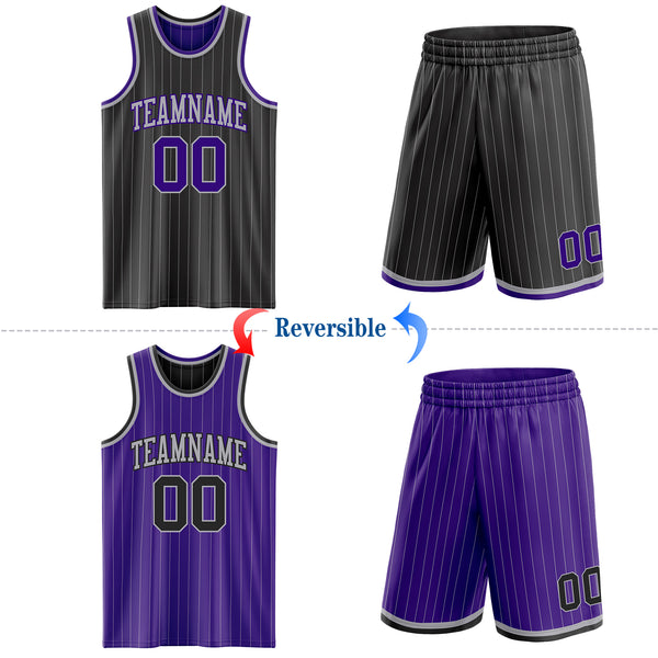 Custom Black Gray Pinstripe-Purple Reversible Double Side Sublimation Basketball Set Jersey