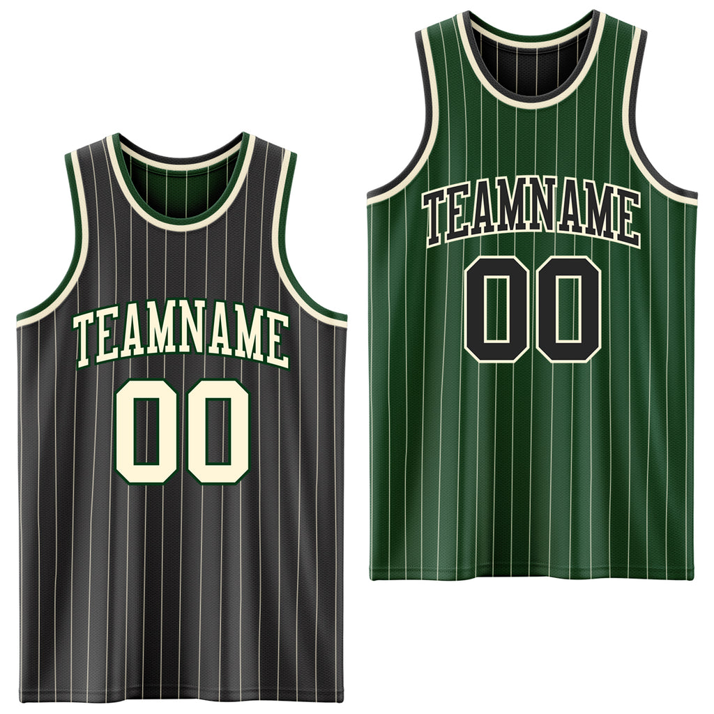 Custom Black Cream Pinstripe-Green Reversible Double Side Sublimation Basketball Set Jersey
