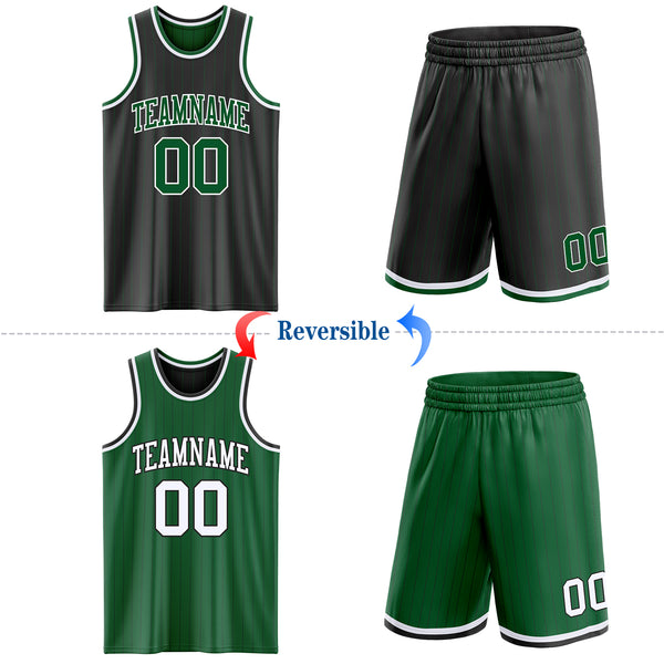 Custom Black Kelly Green Pinstripe-White Reversible Double Side Sublimation Basketball Set Jersey