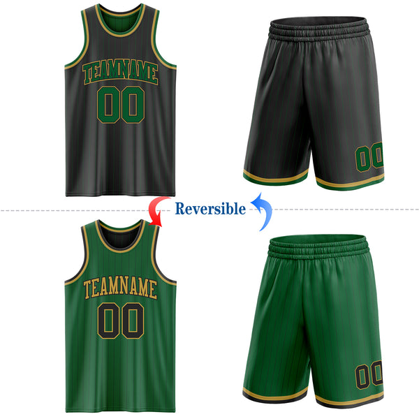 Custom Black Kelly Green Pinstripe-Old Gold Reversible Double Side Sublimation Basketball Set Jersey