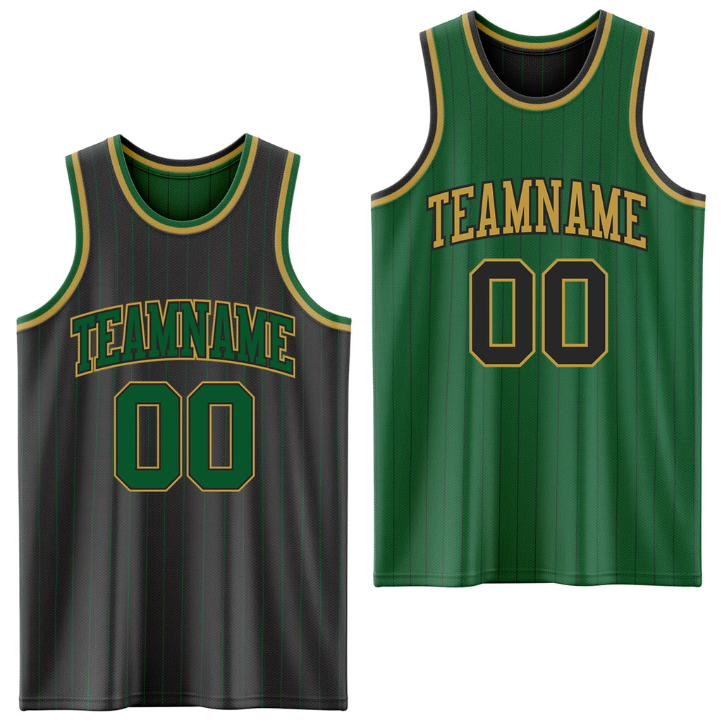 Custom Black Kelly Green Pinstripe-Old Gold Reversible Double Side Sublimation Basketball Set Jersey