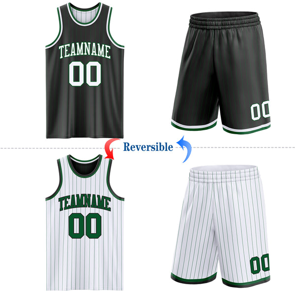 Custom Black Kelly Green Pinstripe-White Reversible Double Side Sublimation Basketball Set Jersey