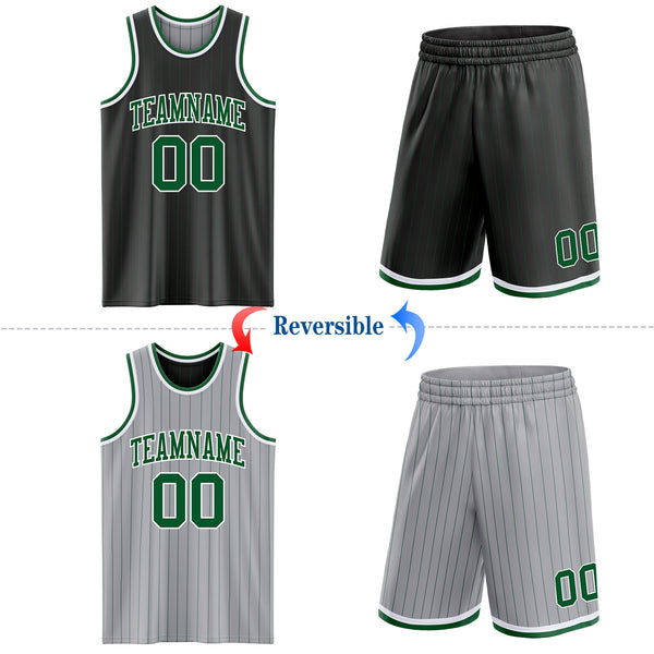 Custom Black Gray Kelly Green Pinstripe Reversible Double Side Sublimation Basketball Set Jersey