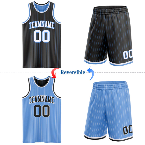 Custom Black Light Blue Pinstripe-White Reversible Double Side Sublimation Basketball Set Jersey