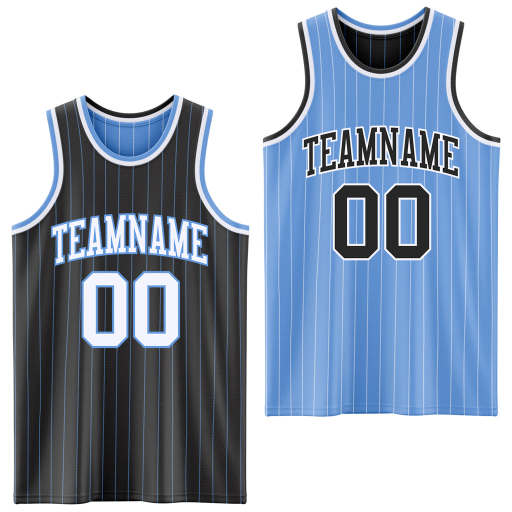 Custom Black Light Blue Pinstripe-White Reversible Double Side Sublimation Basketball Set Jersey