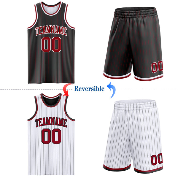 Custom Black Maroon Pinstripe-White Reversible Double Side Sublimation Basketball Set Jersey