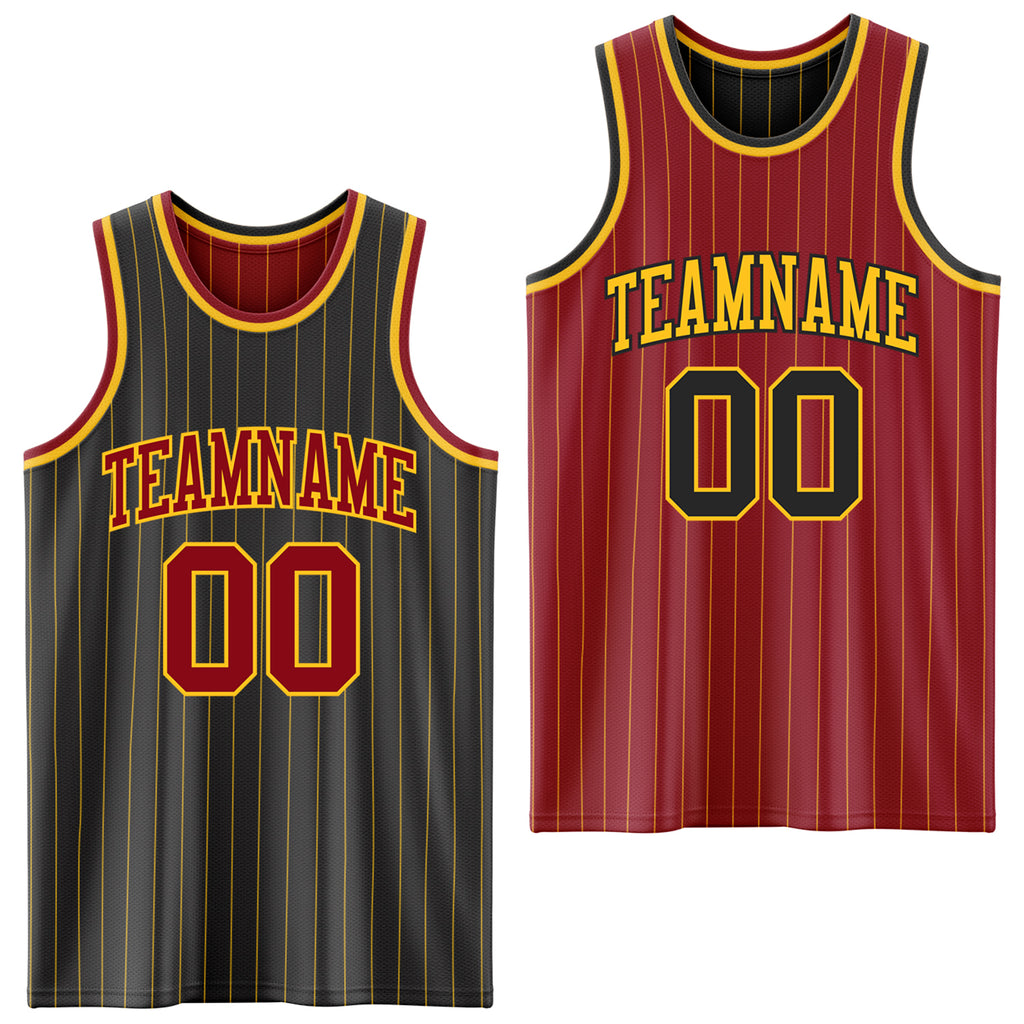 Custom Black Gold Pinstripe-Maroon Reversible Double Side Sublimation Basketball Set Jersey