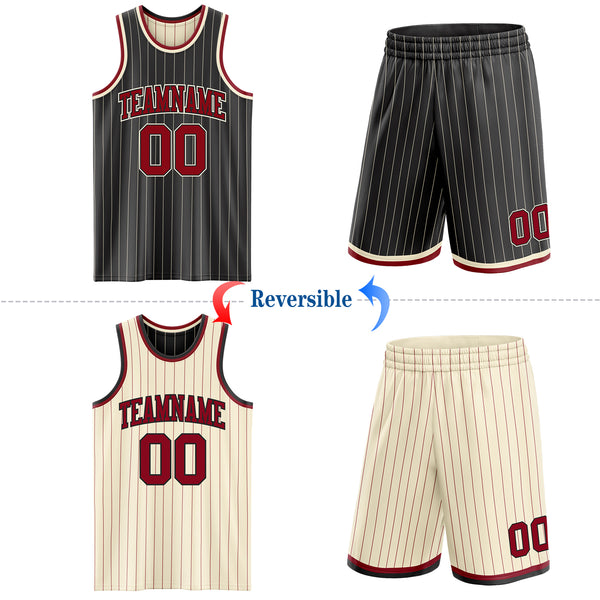 Custom Black Cream Pinstripe-Maroon Reversible Double Side Sublimation Basketball Set Jersey