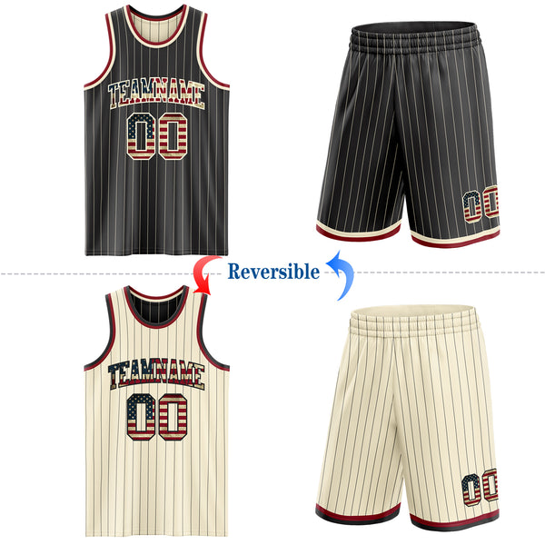 Custom Black Cream Pinstripe Vintage USA Flag-Maroon Reversible Double Side Sublimation Basketball Set Jersey