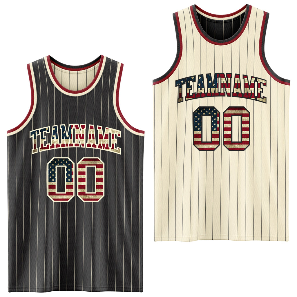 Custom Black Cream Pinstripe Vintage USA Flag-Maroon Reversible Double Side Sublimation Basketball Set Jersey