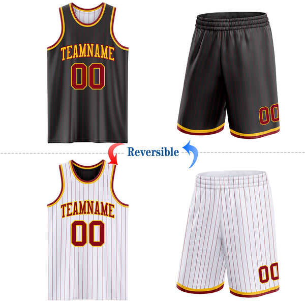 Custom Black Maroon Pinstripe-Gold Reversible Double Side Sublimation Basketball Set Jersey
