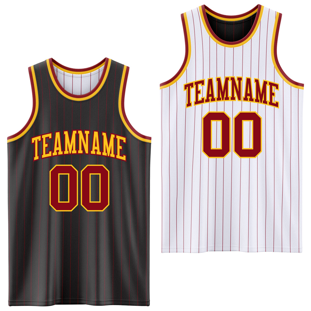 Custom Black Maroon Pinstripe-Gold Reversible Double Side Sublimation Basketball Set Jersey