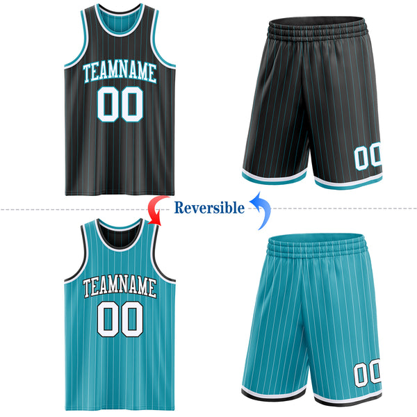 Custom Black Teal Pinstripe-White Reversible Double Side Sublimation Basketball Set Jersey