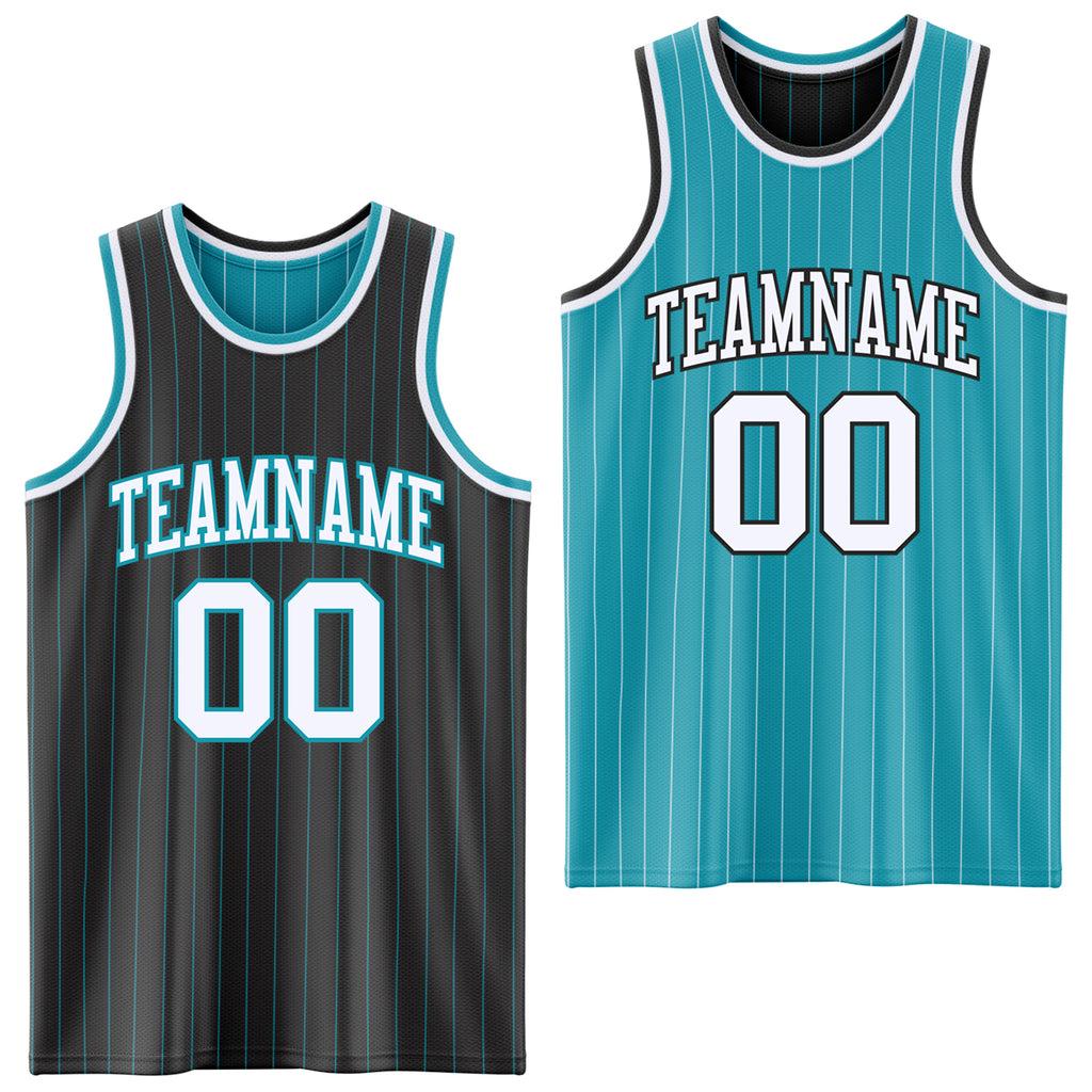 Custom Black Teal Pinstripe-White Reversible Double Side Sublimation Basketball Set Jersey