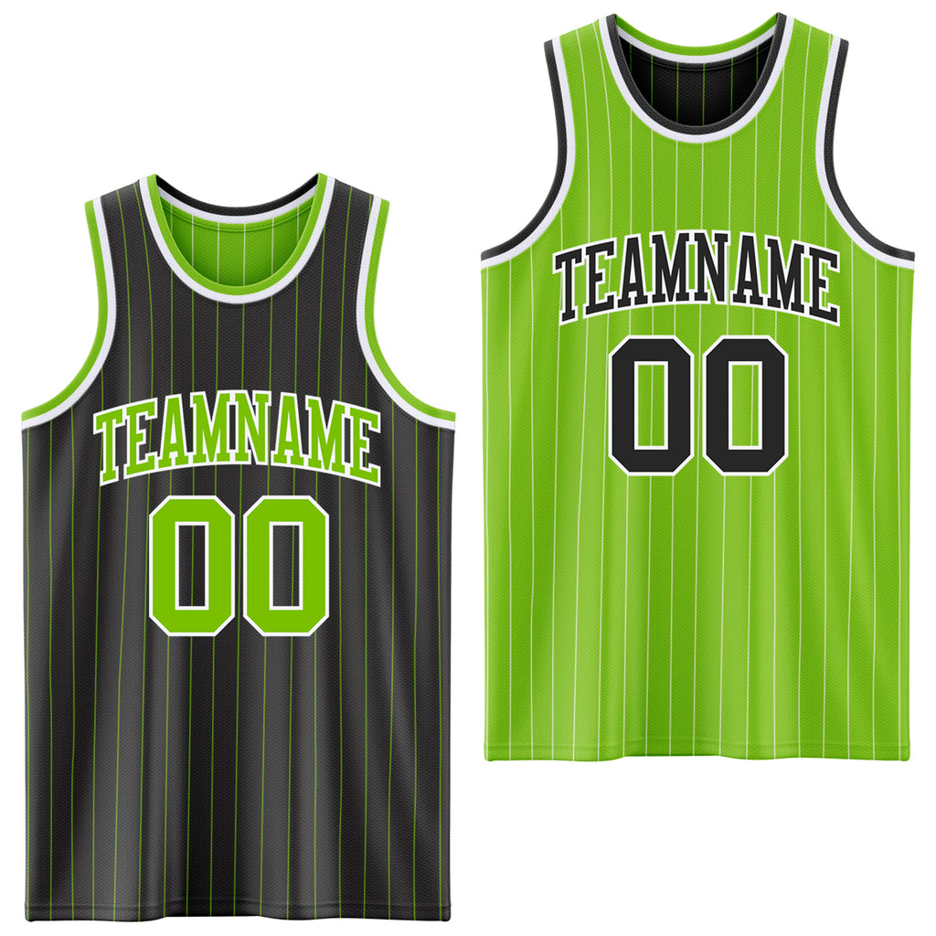 Custom Black Neon Green Pinstripe-White Reversible Double Side Sublimation Basketball Set Jersey