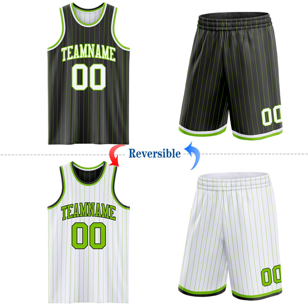 Custom Black Neon Green Pinstripe-White Reversible Double Side Sublimation Basketball Set Jersey