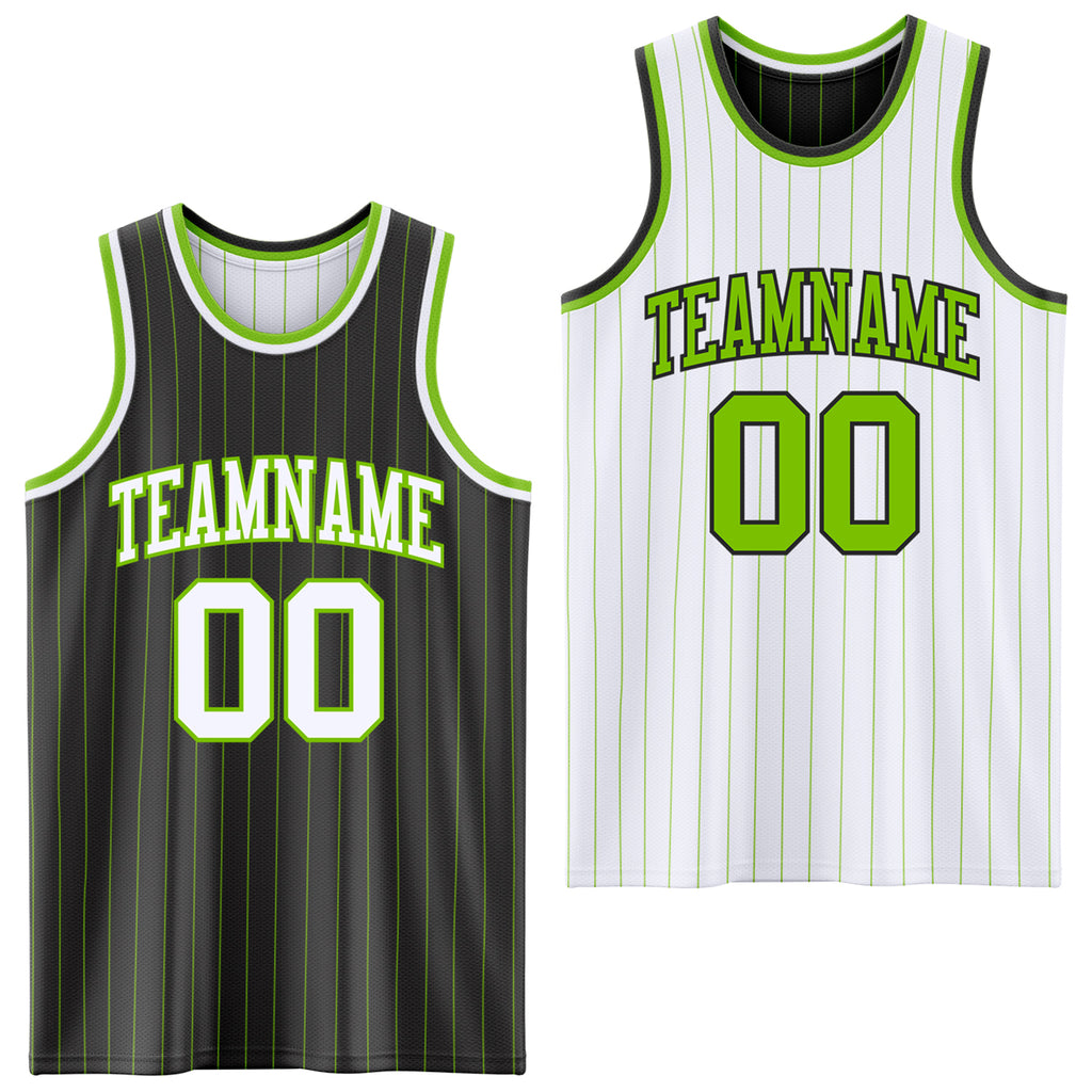 Custom Black Neon Green Pinstripe-White Reversible Double Side Sublimation Basketball Set Jersey