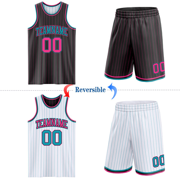 Custom Black Pink Pinstripe-Teal Reversible Double Side Sublimation Basketball Set Jersey