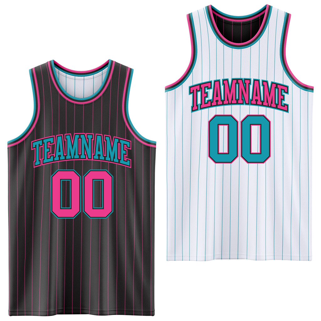 Custom Black Pink Pinstripe-Teal Reversible Double Side Sublimation Basketball Set Jersey