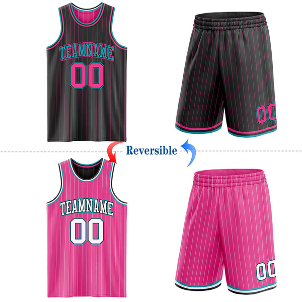 Custom Black Pink Pinstripe-Teal Reversible Double Side Sublimation Basketball Set Jersey