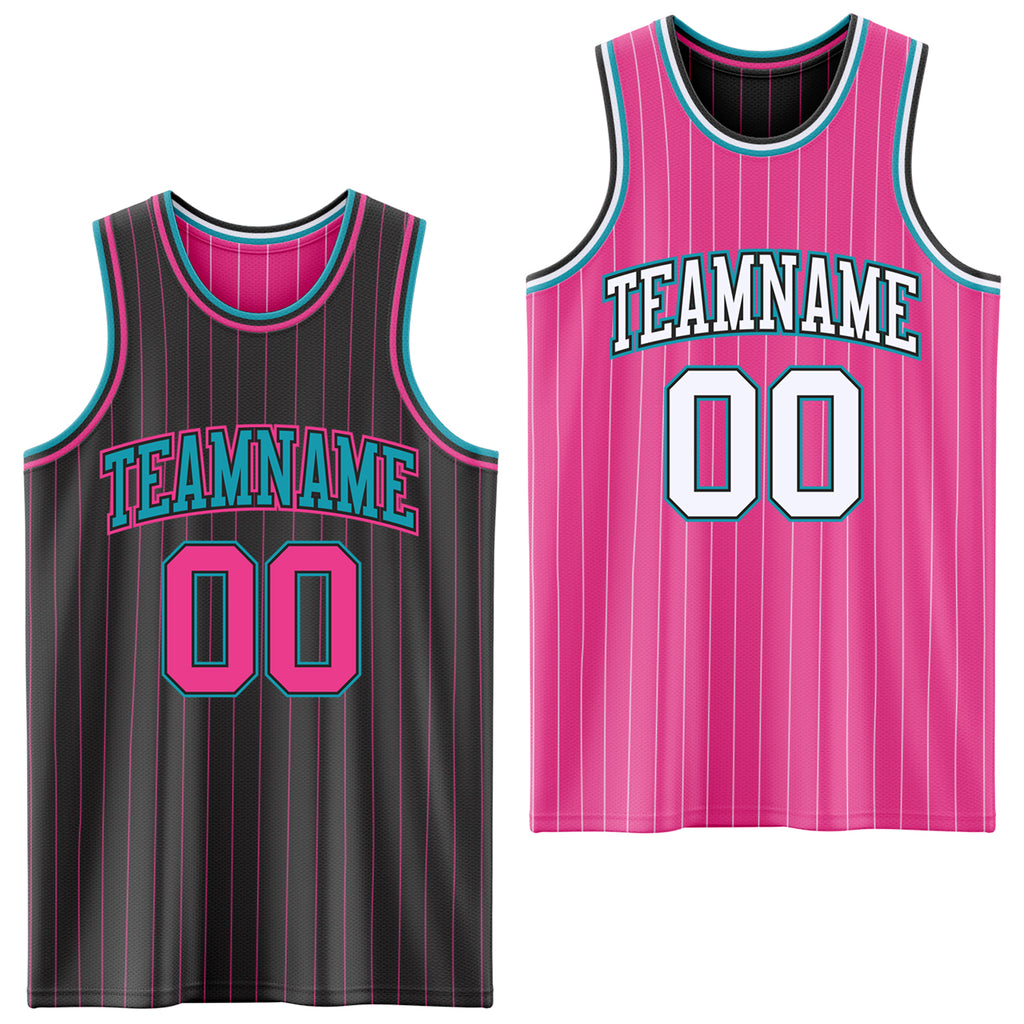 Custom Black Pink Pinstripe-Teal Reversible Double Side Sublimation Basketball Set Jersey