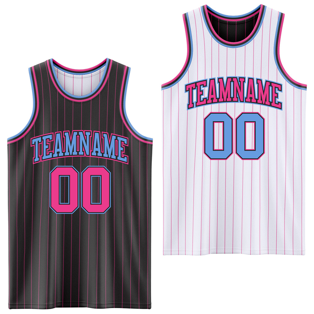 Custom Black Pink Pinstripe-Light Blue Reversible Double Side Sublimation Basketball Set Jersey