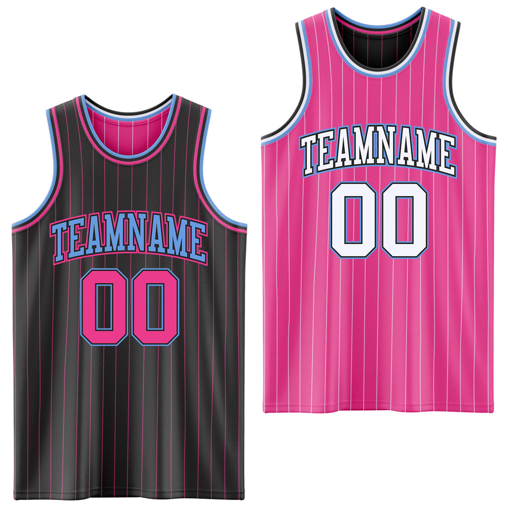Custom Black Pink Pinstripe-Light Blue Reversible Double Side Sublimation Basketball Set Jersey