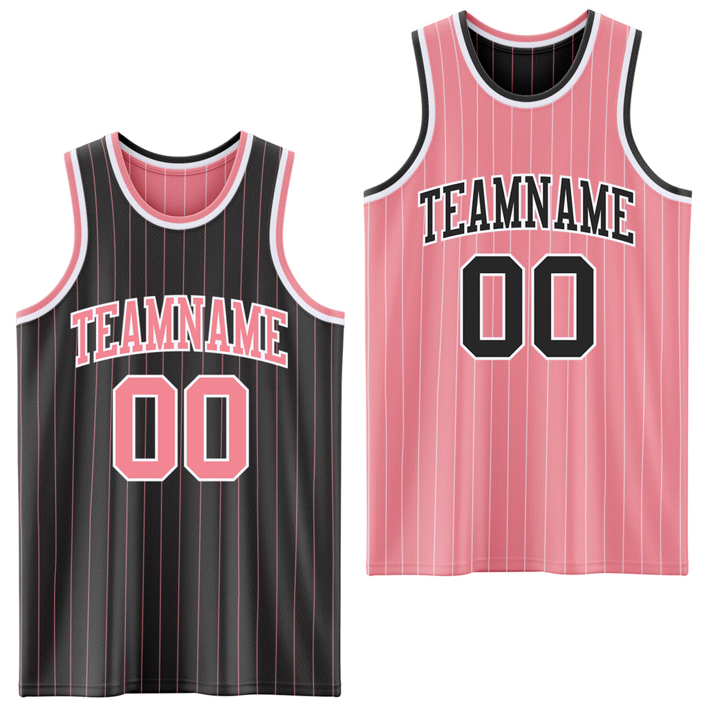 Custom Black Medium Pink Pinstripe-White Reversible Double Side Sublimation Basketball Set Jersey