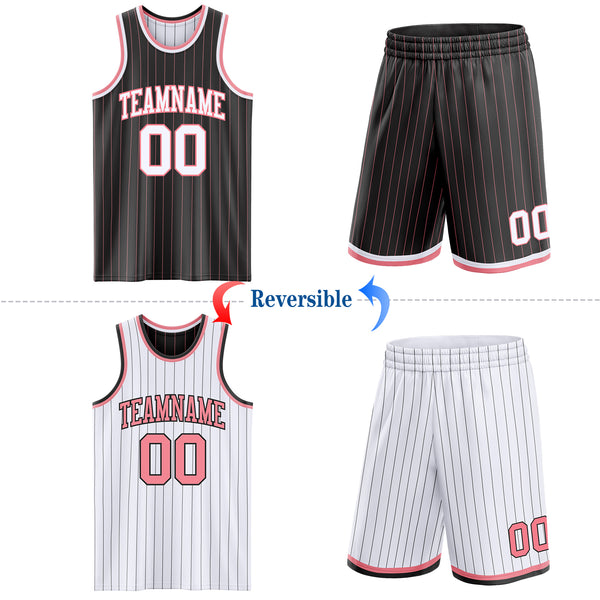 Custom Black Medium Pink Pinstripe-White Reversible Double Side Sublimation Basketball Set Jersey