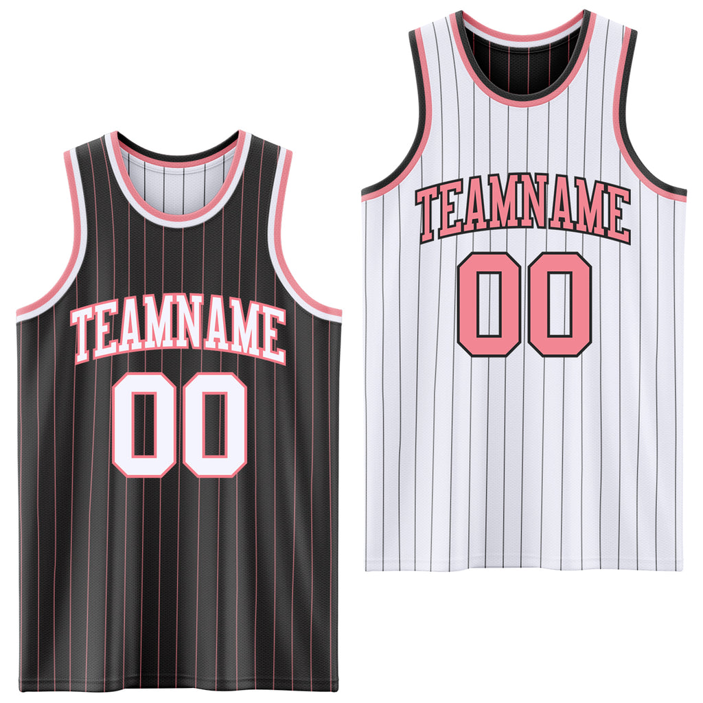 Custom Black Medium Pink Pinstripe-White Reversible Double Side Sublimation Basketball Set Jersey