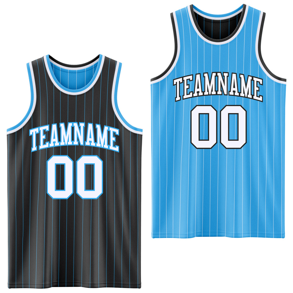 Custom Black Sky Blue Pinstripe-White Reversible Double Side Sublimation Basketball Set Jersey