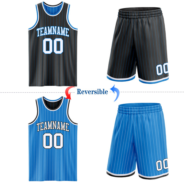 Custom Black Powder Blue Pinstripe-White Reversible Double Side Sublimation Basketball Set Jersey