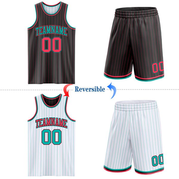 Custom Black Neon Pink Pinstripe-Aqua Reversible Double Side Sublimation Basketball Set Jersey