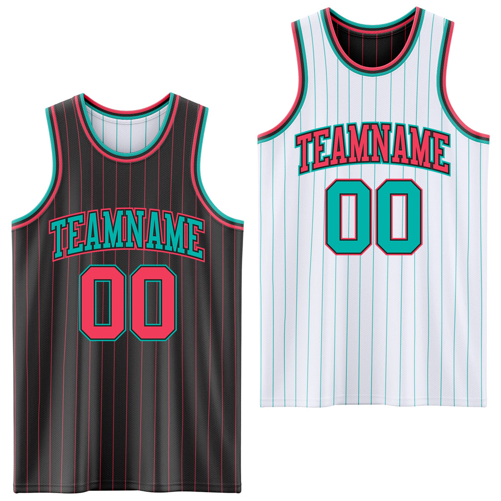 Custom Black Neon Pink Pinstripe-Aqua Reversible Double Side Sublimation Basketball Set Jersey