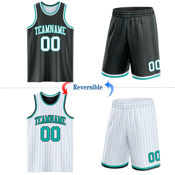 Custom Black Aqua Pinstripe-White Reversible Double Side Sublimation Basketball Set Jersey