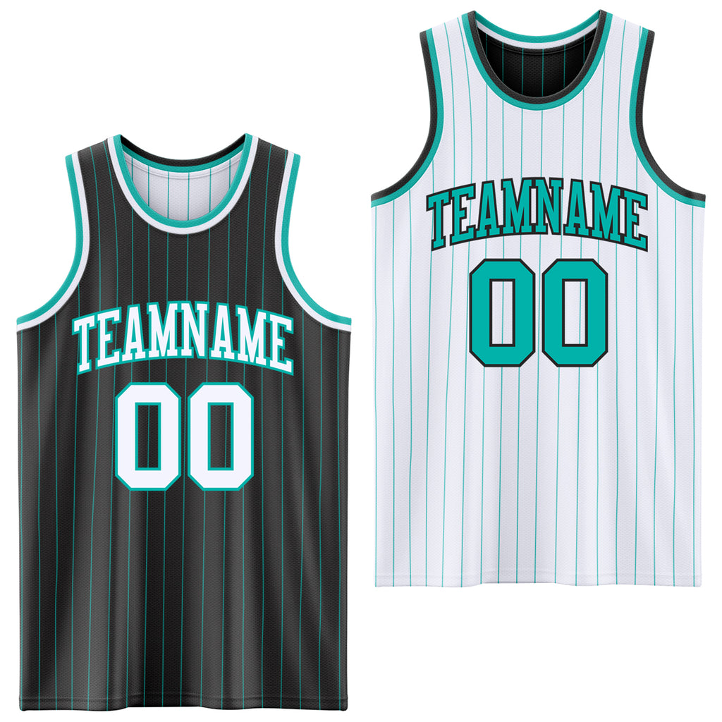 Custom Black Aqua Pinstripe-White Reversible Double Side Sublimation Basketball Set Jersey