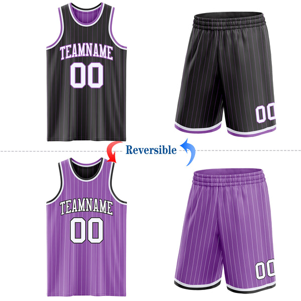 Custom Black Medium Purple Pinstripe-White Reversible Double Side Sublimation Basketball Set Jersey