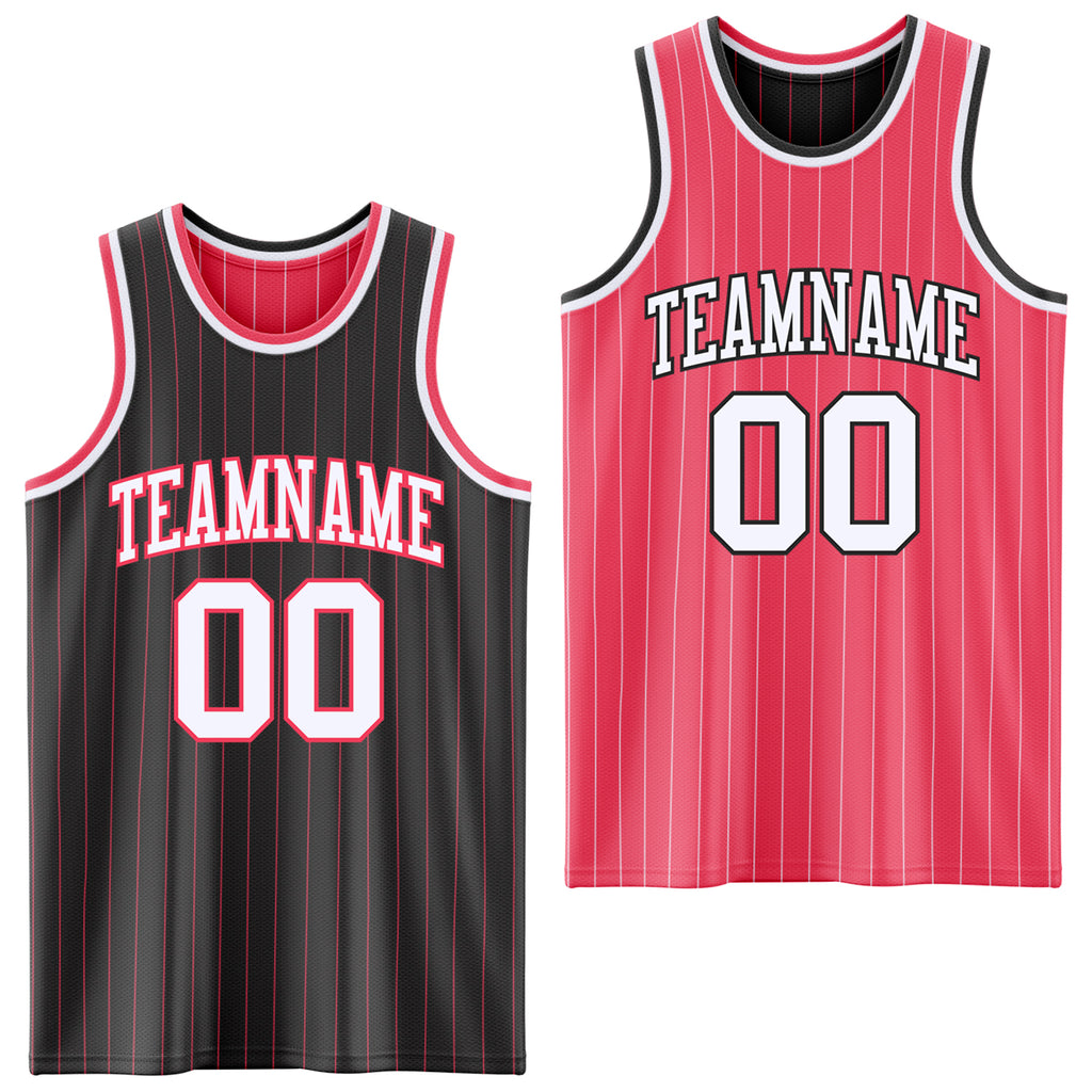 Custom Black Neon Pink Pinstripe-White Reversible Double Side Sublimation Basketball Set Jersey