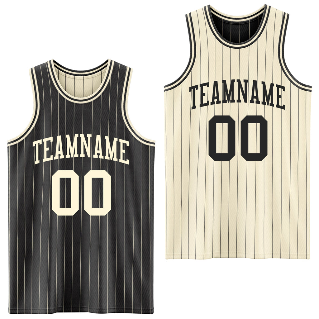 Custom Black Cream Pinstripe Reversible Double Side Sublimation Basketball Set Jersey