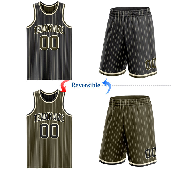 Custom Black Cream Pinstripe-Olive Reversible Double Side Sublimation Basketball Set Jersey