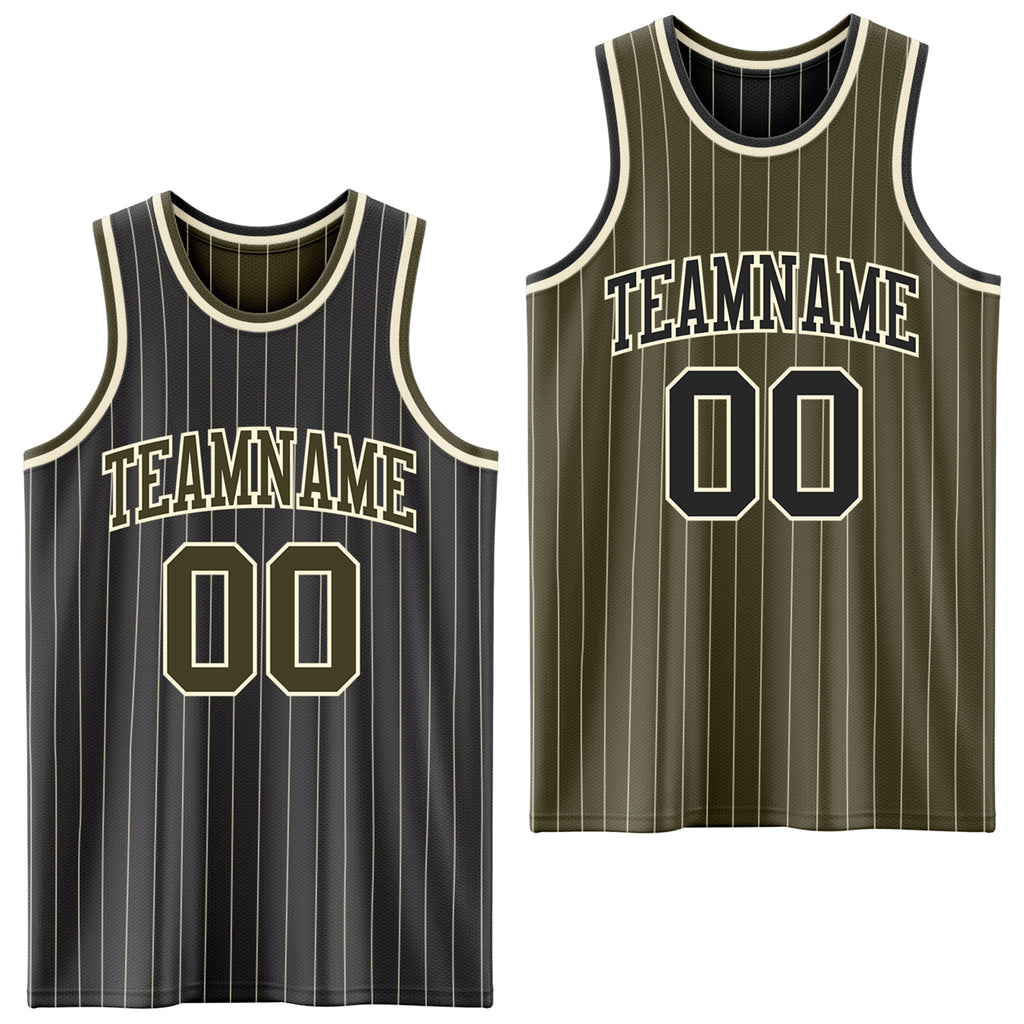 Custom Black Cream Pinstripe-Olive Reversible Double Side Sublimation Basketball Set Jersey