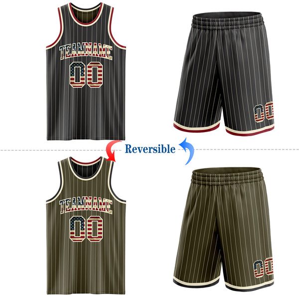 Custom Black Olive Cream Pinstripe Reversible Double Side Sublimation Basketball Set Jersey