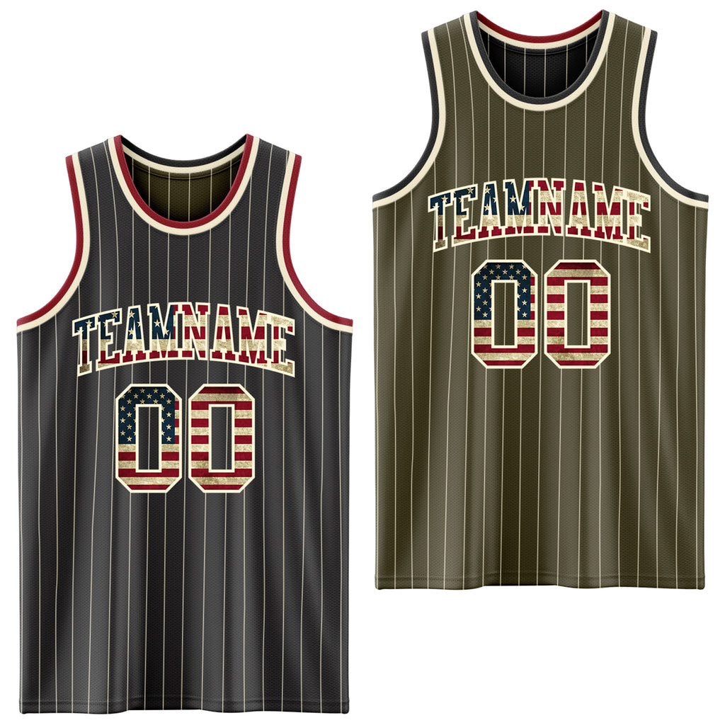 Custom Black Olive Cream Pinstripe Reversible Double Side Sublimation Basketball Set Jersey