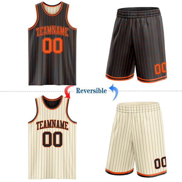 Custom Black Orange & Cream Black Pinstripe Reversible Double Side Sublimation Basketball Set Jersey