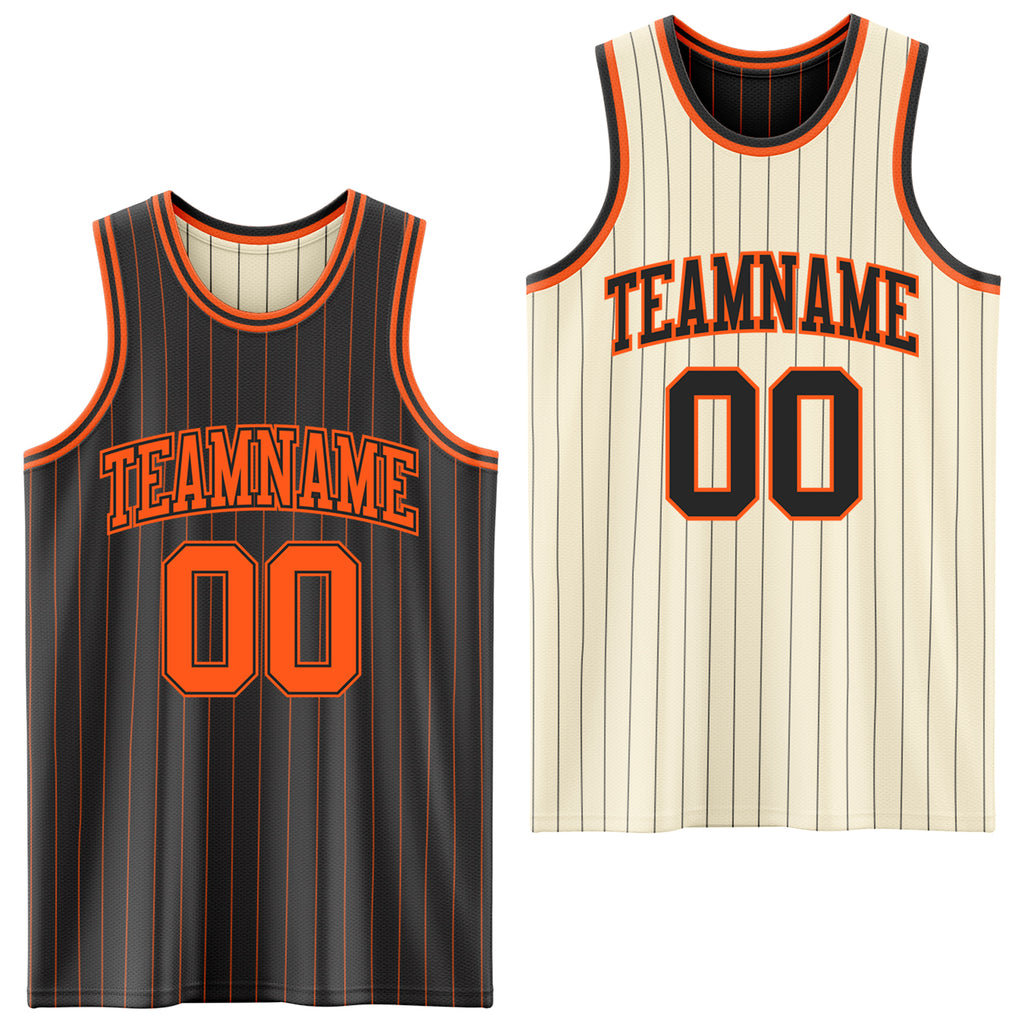 Custom Black Orange & Cream Black Pinstripe Reversible Double Side Sublimation Basketball Set Jersey