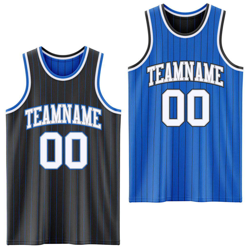 Custom Black Blue Pinstripe White-Gray Reversible Double Side Sublimation Basketball Set Jersey